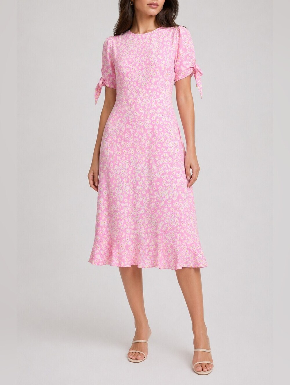 Faithfull The Brand Emelia Floral Midi Dress Ruffle Hem Pink Daisy XS